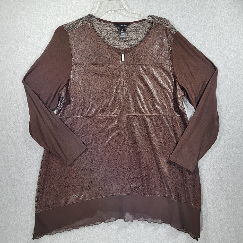 Ali Miles Tunic Womens 1X Multi Fabric 1/4 Zip Browns Faux Leather Knit
